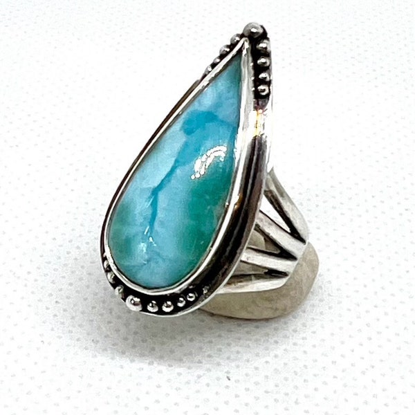 Larimar and Sterling Silver Fabricated Quadruple Shank Ring Blue Sky Aqua Bead Large Statement Bold