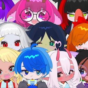 May include: A digital illustration featuring a group of ten stylized chibi characters with diverse hair colors including pink, blue, yellow, white, and black. The characters have large expressive eyes, varied skin tones, and distinct accessories like glasses and bows.