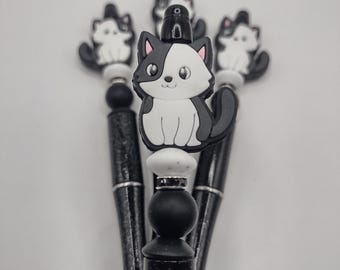 Black and White Cat Kitten Handmade Beaded Ballpoint Pen: Ideal Gift
