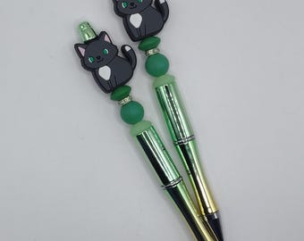 Grey and White Cat Kitten Handmade Beaded Black Ballpoint Pen: Ideal Gift