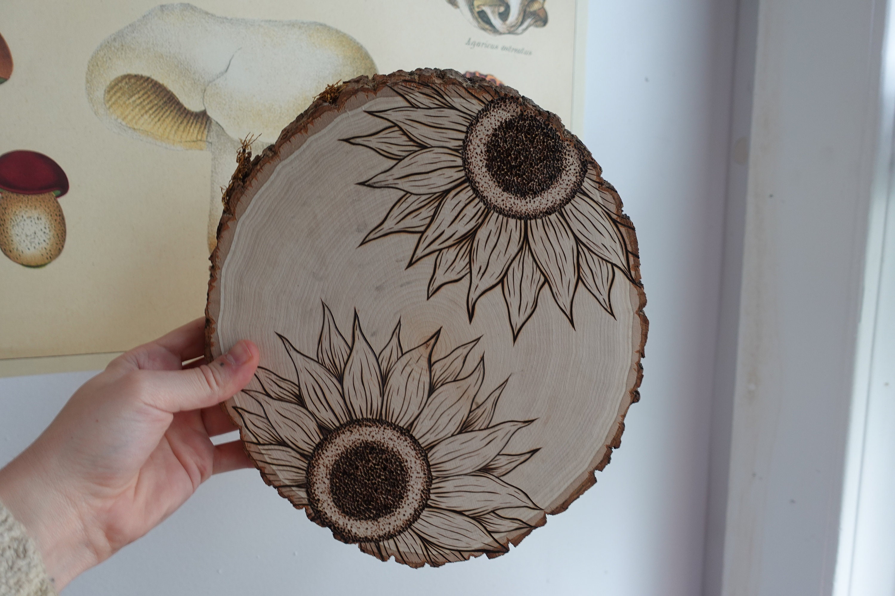 Woodburned Sunflower Piece-floral Pyrography Round Wooden Canvas -   Canada