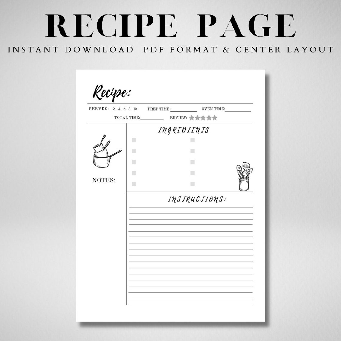 Digital Recipe Book Template. Printable Recipe Template. Etsy