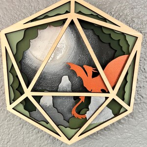 d20 Dragon and mountain fantasy wood wall art
