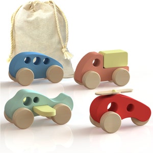 Wooden Vehicle Set with Bag, Solid wood toy Airplane Helicopter Truck Car