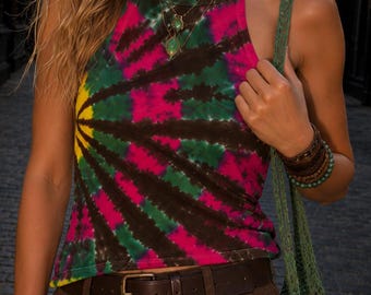 Tie Dye Tank Top, Hand Dyed Cotton Tank, Festival Boho Top, Unique Handmade Sleeveless Shirt, One of a Kind Women's Clothing S Size