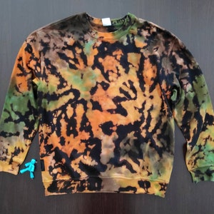 Tie Dye Sweatshirt  Women&#39;s Mens Handmade  Reverse Bleached Hand Dyed Long Sleeve XL Plus Size 100% Cotton. Green And Orange Colors