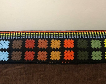Granny Square Scarf, Crochet Long Scarf, Hand Knitted Afghan Scarf, Unique Gifts for Her, Fall/Winter Gift Multicolour Cotton Scarf