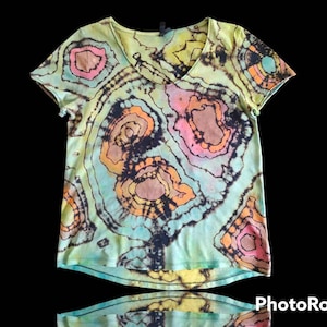 Women&#39;s Cotton Shirt  Hand Dyed  M Size V Neck  T-shirt. Tie Dye Reverse Geode Style. Personalized Unique Gift For Girlfriend Her