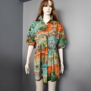 Women&#39;s Dress Kaftan  Tie Dye Geode Design Green Orange Colours Cotton Dress. Handmade Clothing.100% Cotton Personalized Unigue Gift For Her