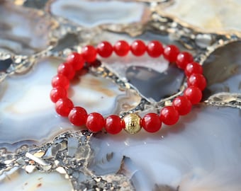 Pulseira de ágata vermelha, pulseira elástica de ágata genuína, pulseira de contas de ouro, joias com pingente de ágata, pulseira de pedra para mulheres