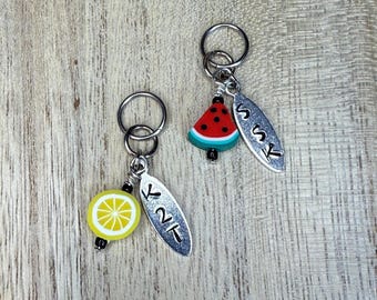 Lemons and Watermelons - Hand stamped instructional stitch markers - SSK/K2T
