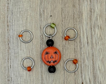 Jack o Lantern stitch marker and set of 5 rings