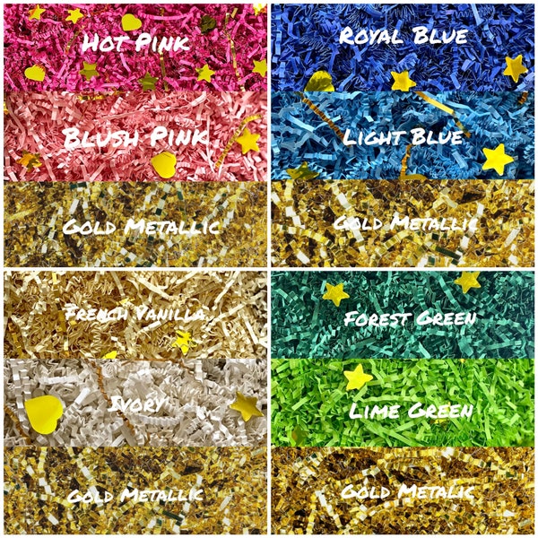 Ethisa Crinkle Cut Shredded Paper, Crinkle Paper Shred, Shredded Paper Filler - Gift Box Filler  - Easter Grass Paper - Gold Hearts & Stars