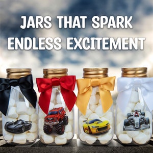 Race Car Party Favor Jars: DIY Bottles with Ribbons & Stickers - 12 Pack