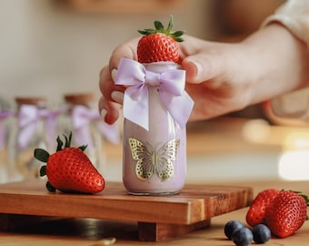 Butterfly Milk Glass Bottles – Baby Shower and Birthday Party Favors, Lavender Ribbons (3.4oz)