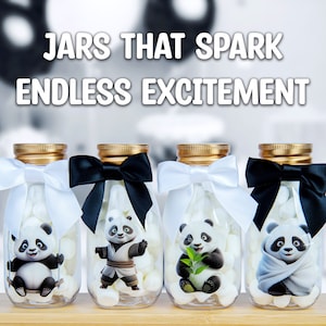 Ethisa 12 Pack Panda Party Favors - DIY Candy Jars with Ribbons and Stickers - Party Decoration Bottles for Birthday and Baby Shower