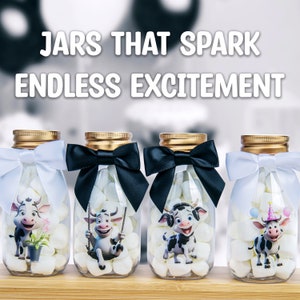 Ethisa 12 Pack Cow Party Favors - DIY Candy Jars with Ribbons and Stickers - Party Decoration for Birthday and Baby Shower - Holy Cow Party