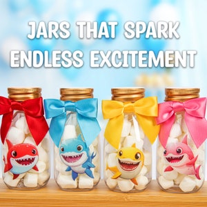 Ethisa 12 Pack Baby Shark Party Favors - Candy Jars with Ribbons and Stickers - DIY Party Decoration Bottles for Birthday and Baby Shower