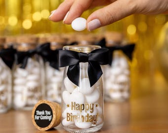 Vintage Birthday Party Favor: Glass Candy Jar with Ribbon & Sticker