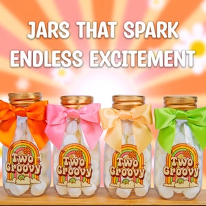Ethisa 12 Pack Two Groovy Baby Party Favors - DIY Candy Jars with Ribbons and Stickers - Funky Party Decoration Bottles for 2nd Birthday