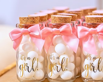 Its a Girl Milk Glass Bottles – Baby Shower Party Favors, Pink Ribbons (3.4oz)