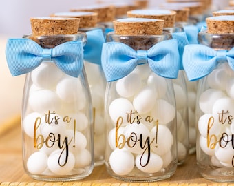 It's a Boy Milk Glass Bottles – Baby Shower Party Favors, Blue Bowtie (3.4oz)