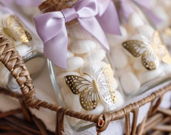Butterfly Milk Glass Bottles – Baby Shower and Birthday Party Favors, Lavender Ribbons (3.4oz)