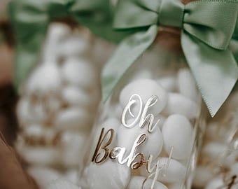 Oh Baby Milk Glass Bottles – Baby Shower Party Favors, Sage Green Ribbons (3.4oz)