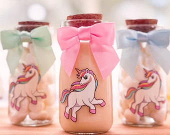 Ethisa Unicorn Party Favor Glass Bottles with Pastel Ribbons - Vintage Birthday Unicorn Party Favors for Girls - Rainbow Theme Candy Jar