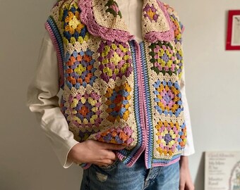 Crochet Organic Cotton Granny Square Vest, Vegan Cotton Blend Granny Square Vest, Colorful Vegan Vest