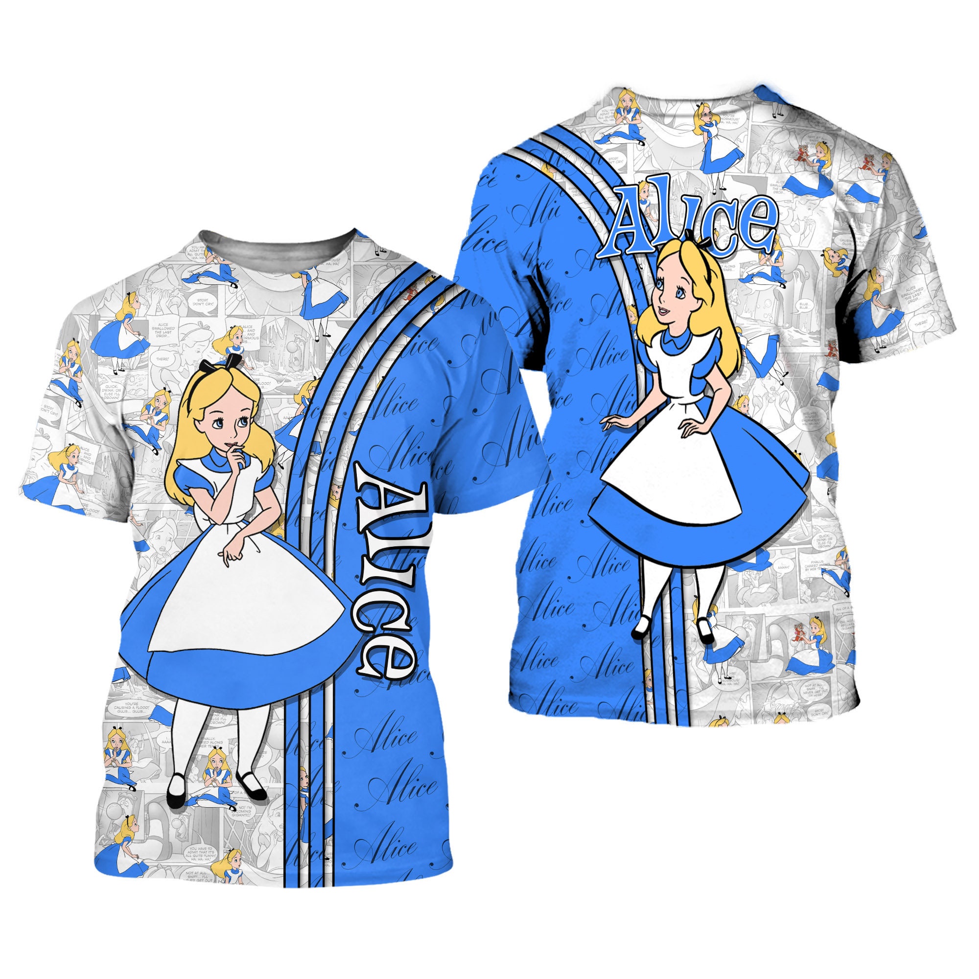 Blue Alice In Wonderland Cross Comic Book Patterns Disney Outfits Unisex Casual T-shirts 3D
