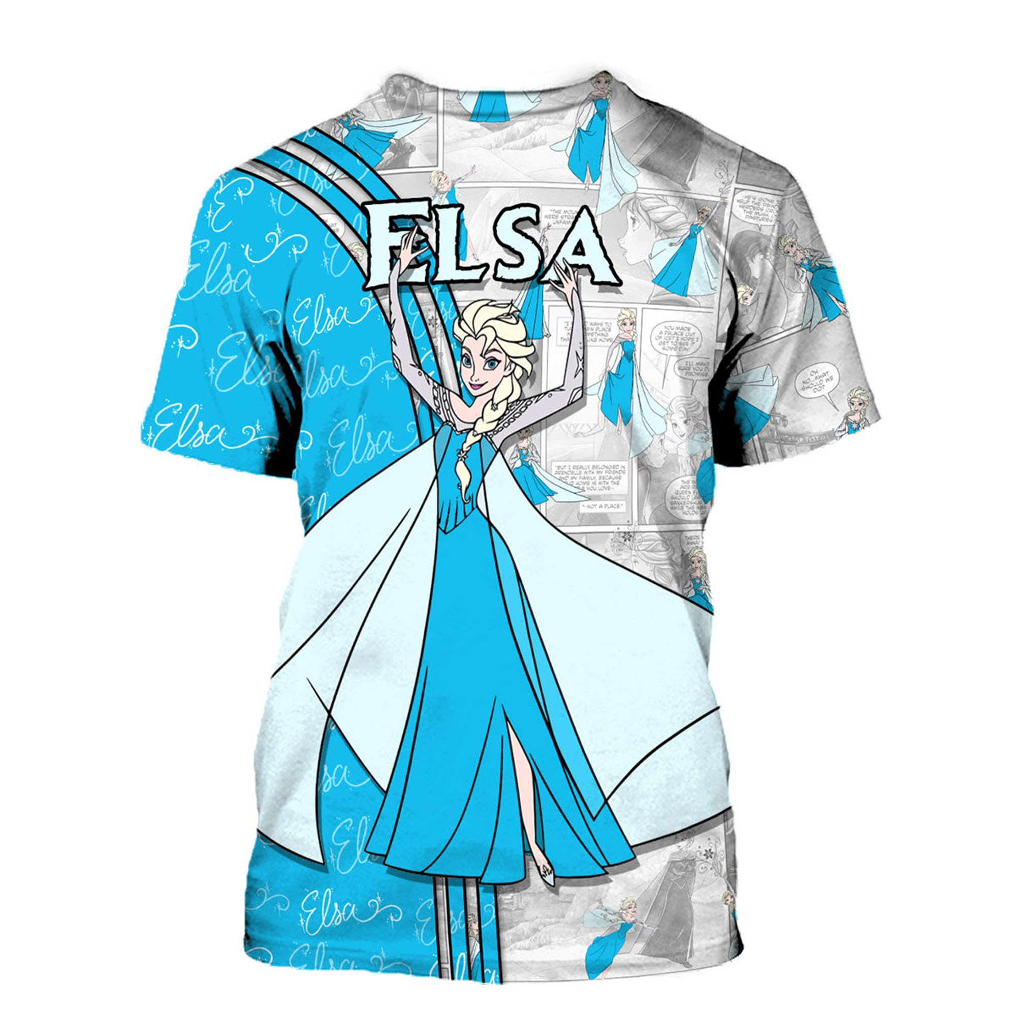 Blue Elsa Princess Frozen Cross Comic Book Patterns Disney Outfits Unisex Casual T-shirts 3D