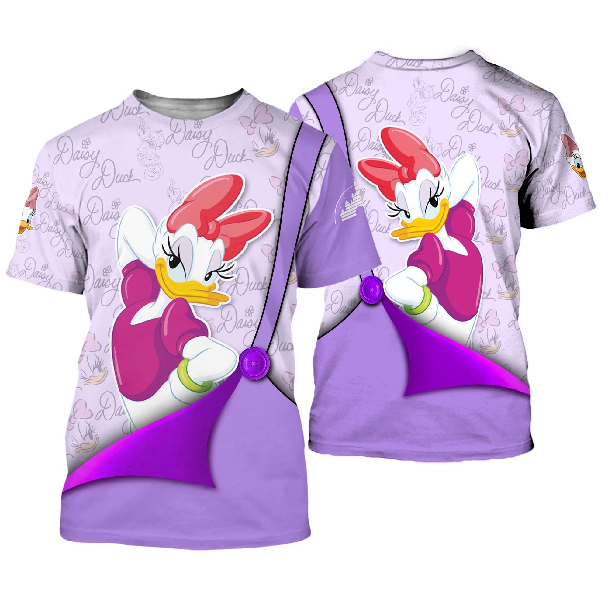 Daisy Duck Purple Button Overalls Patterns Disney Cartoon Outfits Unisex Casual T-shirts 3D