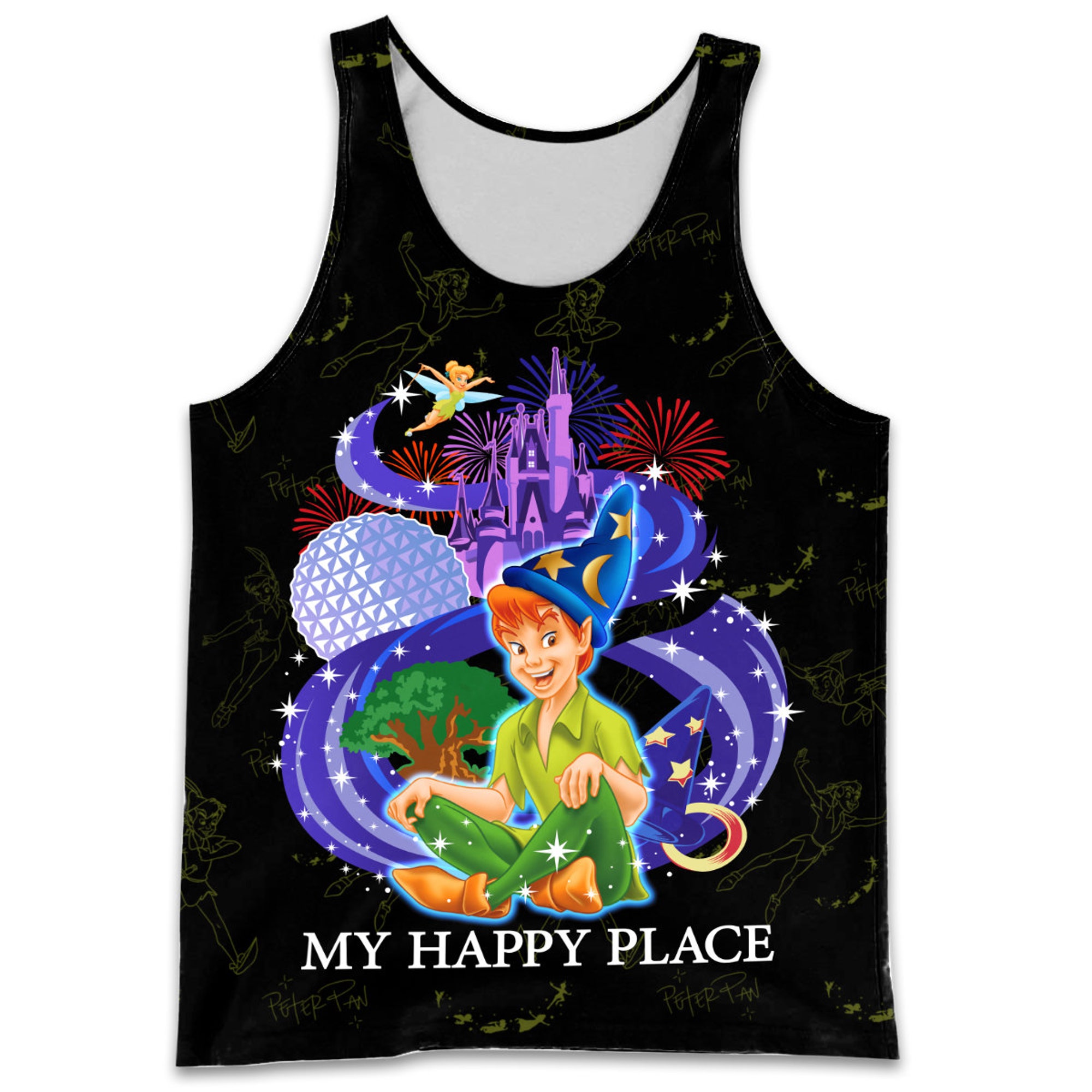 Peter Pan My Happy Place Black Patterns Disney Cartoon 3D Tank Top