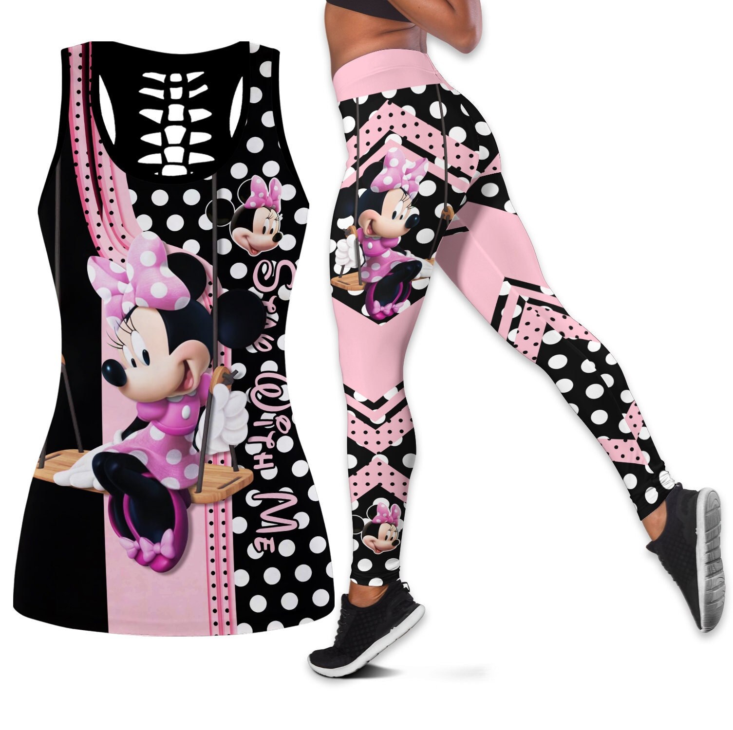 Minnie Polkadot Pink Disney Hollow Tanktop Legging Outfit Set