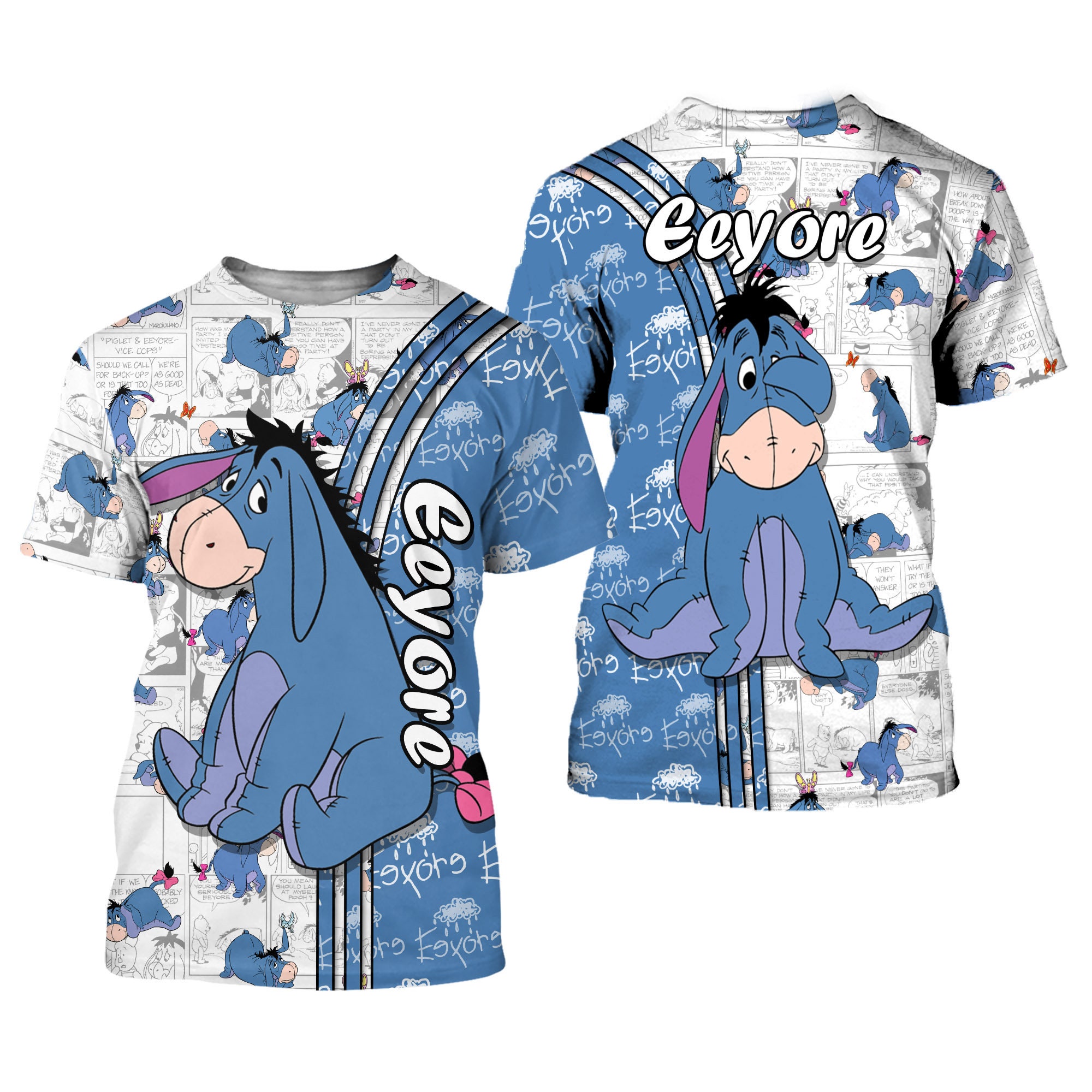 Blue Eeyore Donkey Cross Comic Book Patterns Disney Outfits Unisex Casual T-shirts 3D