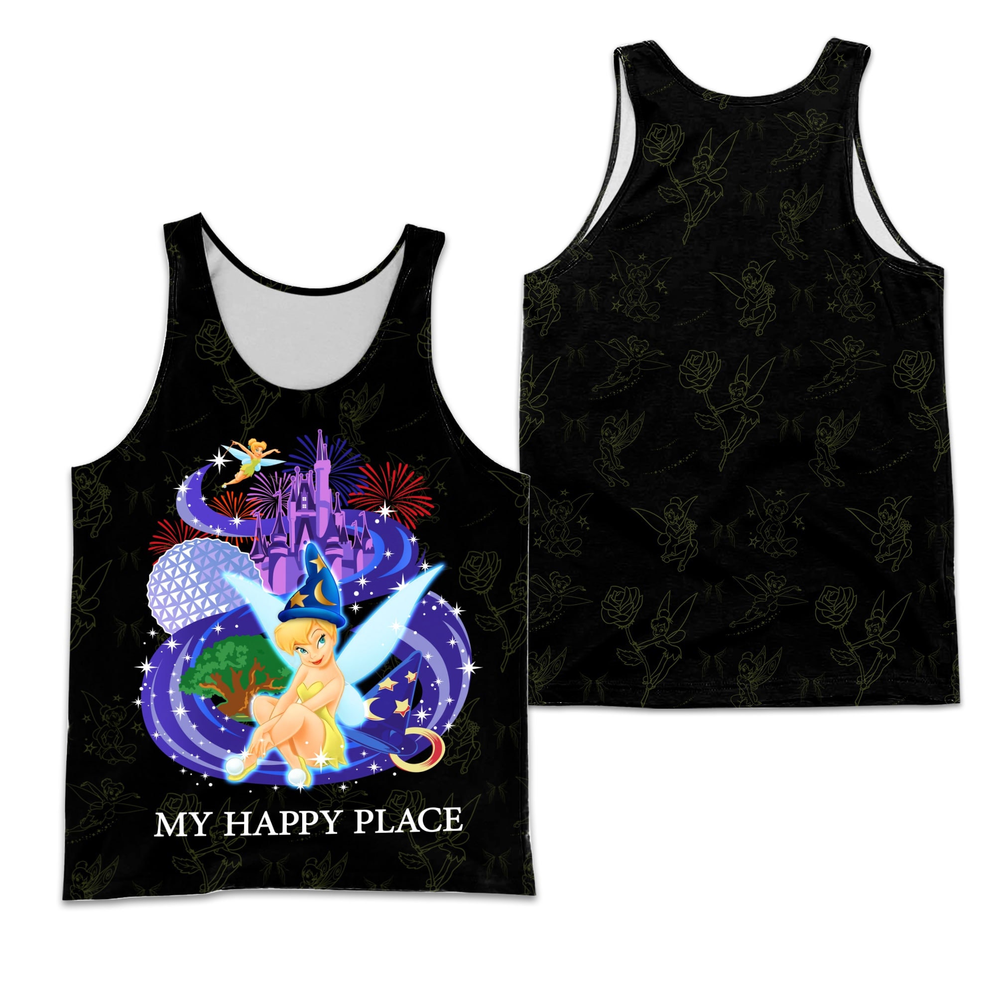 Discover Tinker Bell My Happy Place Black Patterns Disney 3D Tank Top