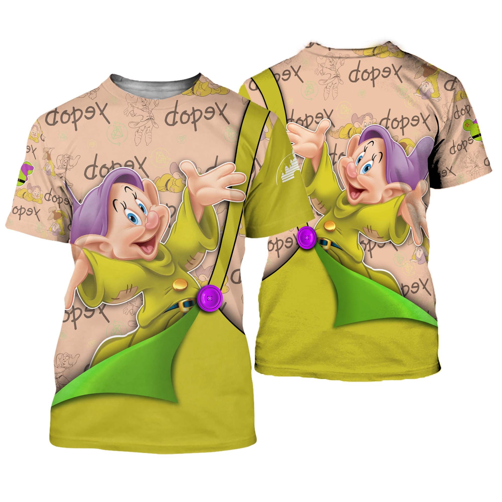 Dopey Dwarf Green Button Overalls Patterns Disney Outfits Unisex Casual T-shirts 3D
