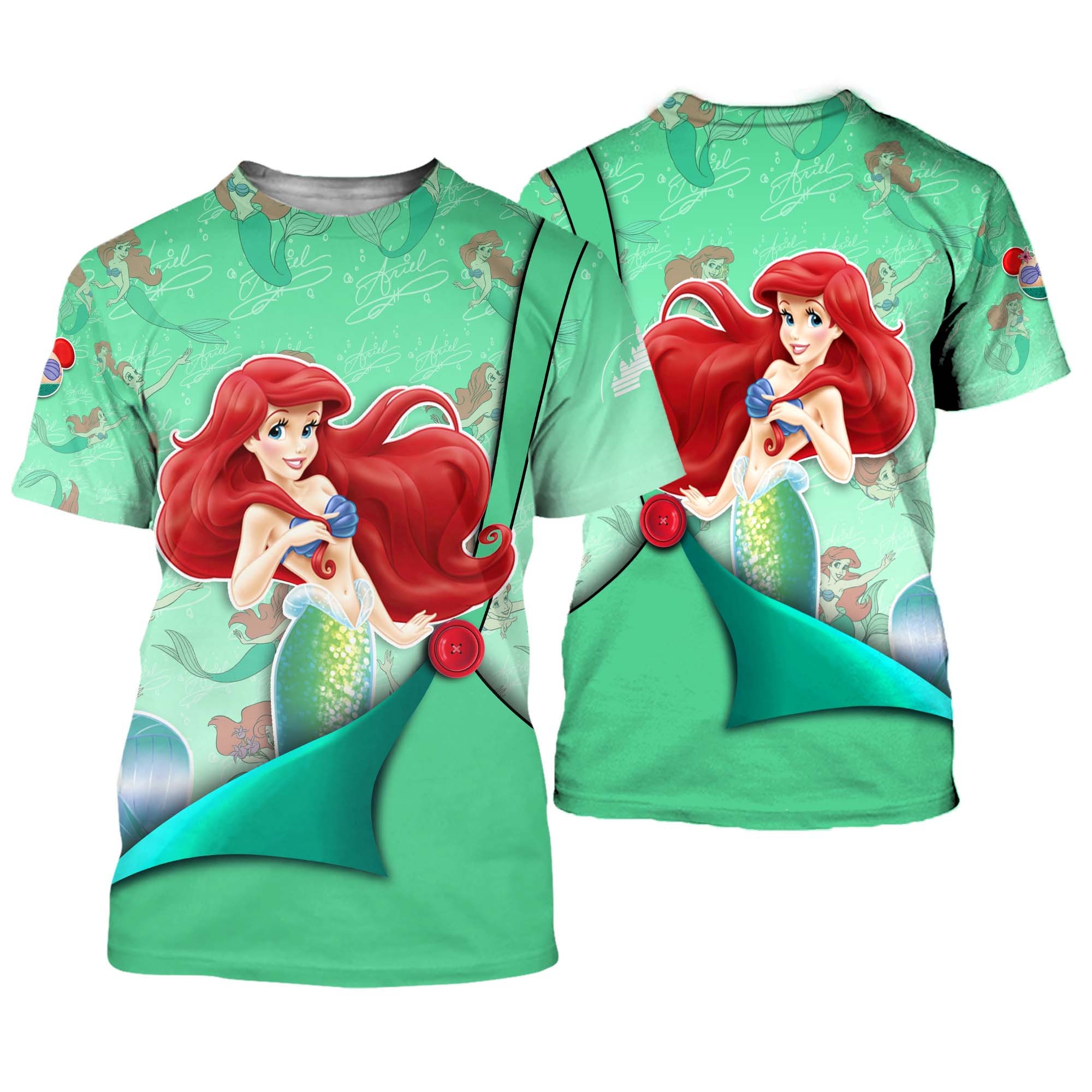Ariel Mermaid Green Button Overalls Patterns Disney Outfits Unisex Casual T-shirts 3D