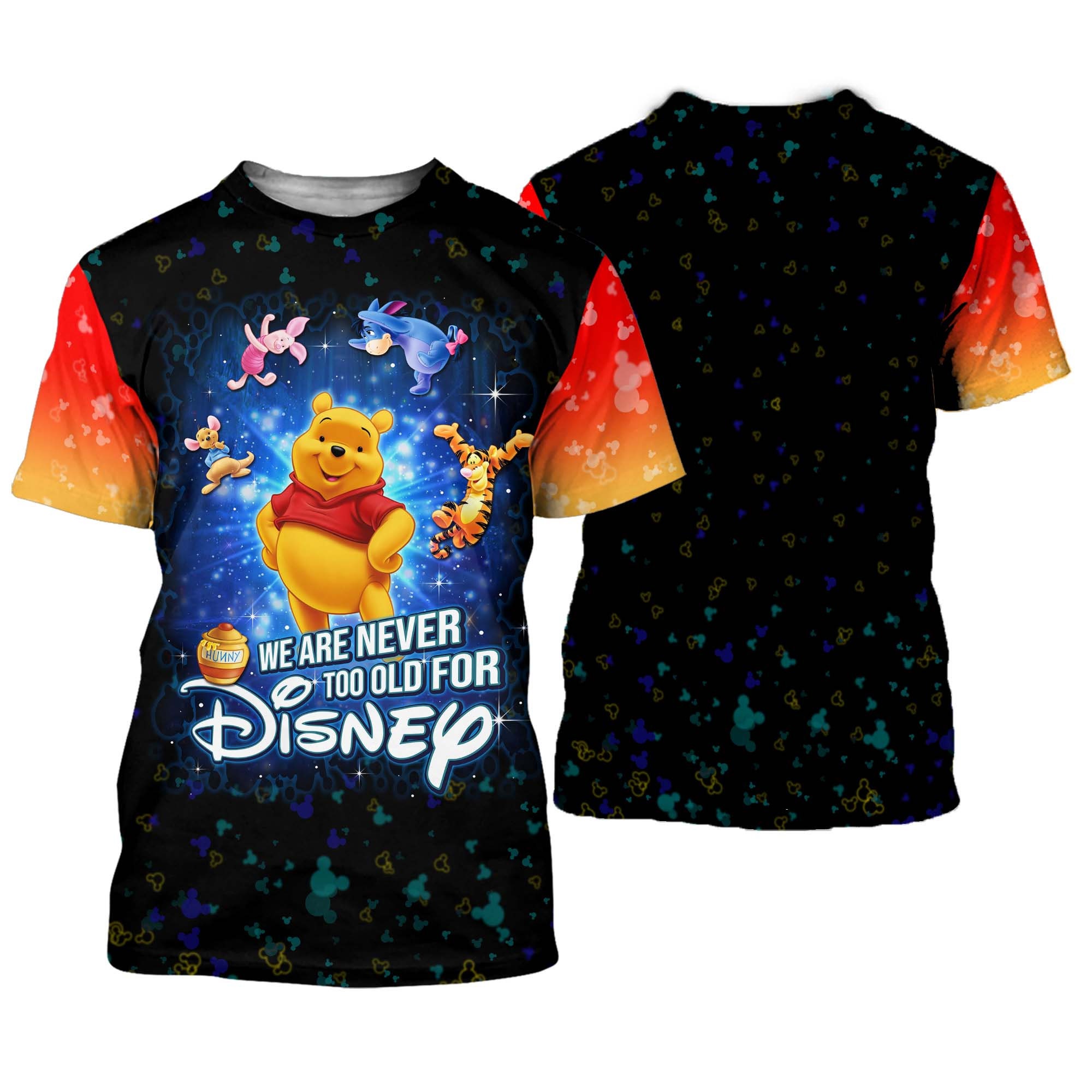 Winnie Pooh Never Too Old For Orange Black Disney Cartoon Outfits Unisex Casual T-shirts 3D