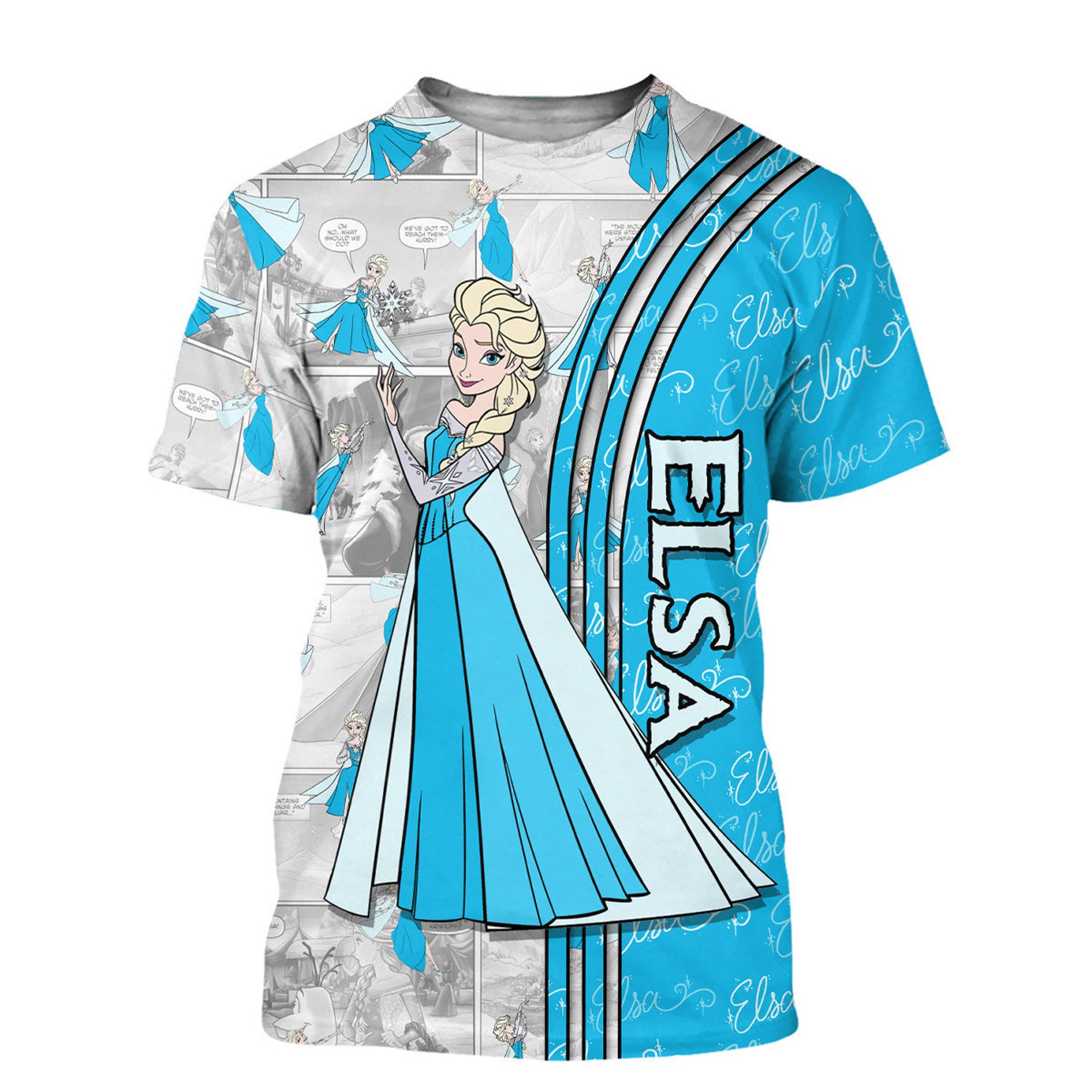 Blue Elsa Princess Frozen Cross Comic Book Patterns Disney Outfits Unisex Casual T-shirts 3D