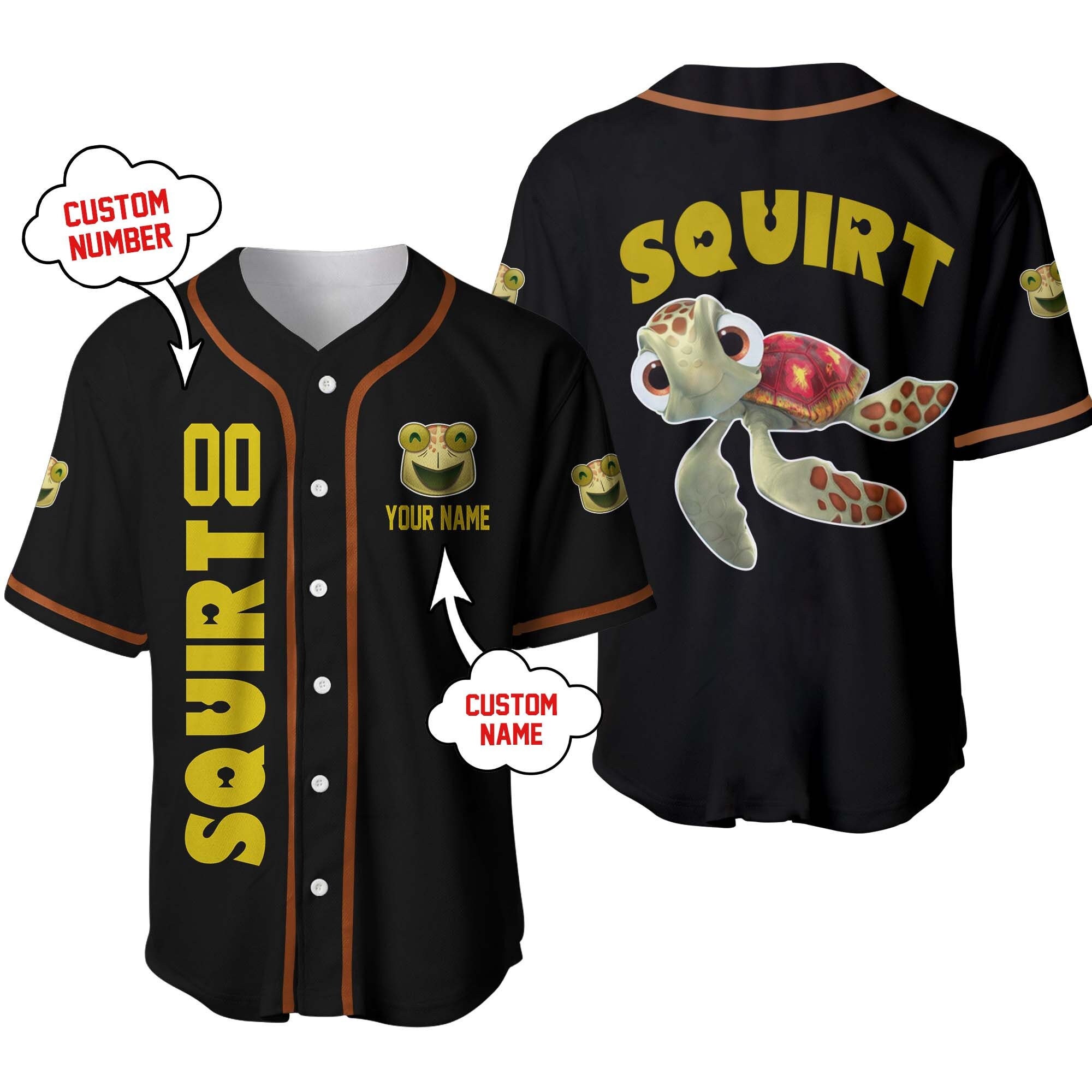 Squirt Turtle Finding Nemo Black Yellow | Disney Custom Baseball Jersey