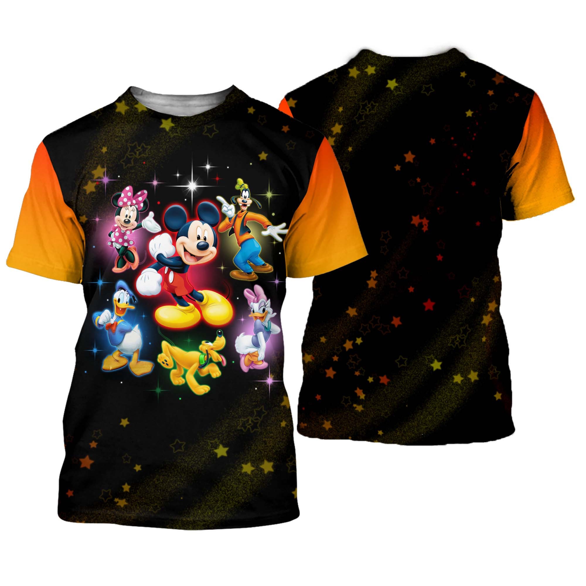 Mickey Mouse And Friends Orange Black Pattern Disney Cartoon Outfit Unisex Casual T-shirts 3D