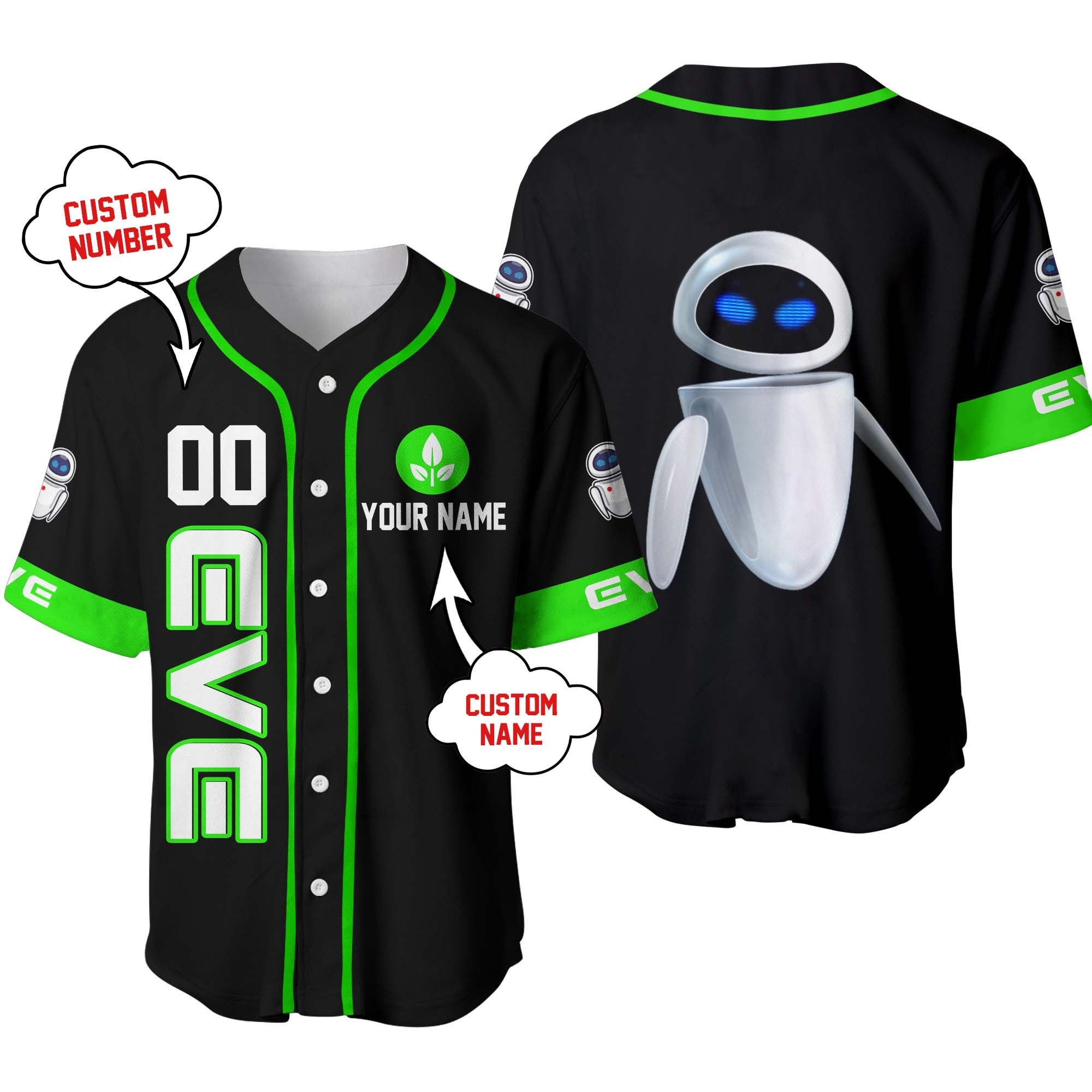 Eve Robot Pixar Black Neon Green Jersey | Disney Custom Baseball Jersey