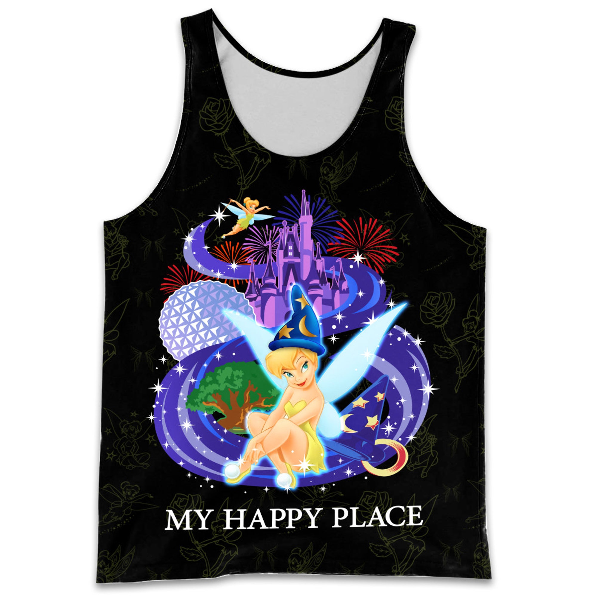 Tinker Bell My Happy Place Black Patterns Disney 3D Tank Top