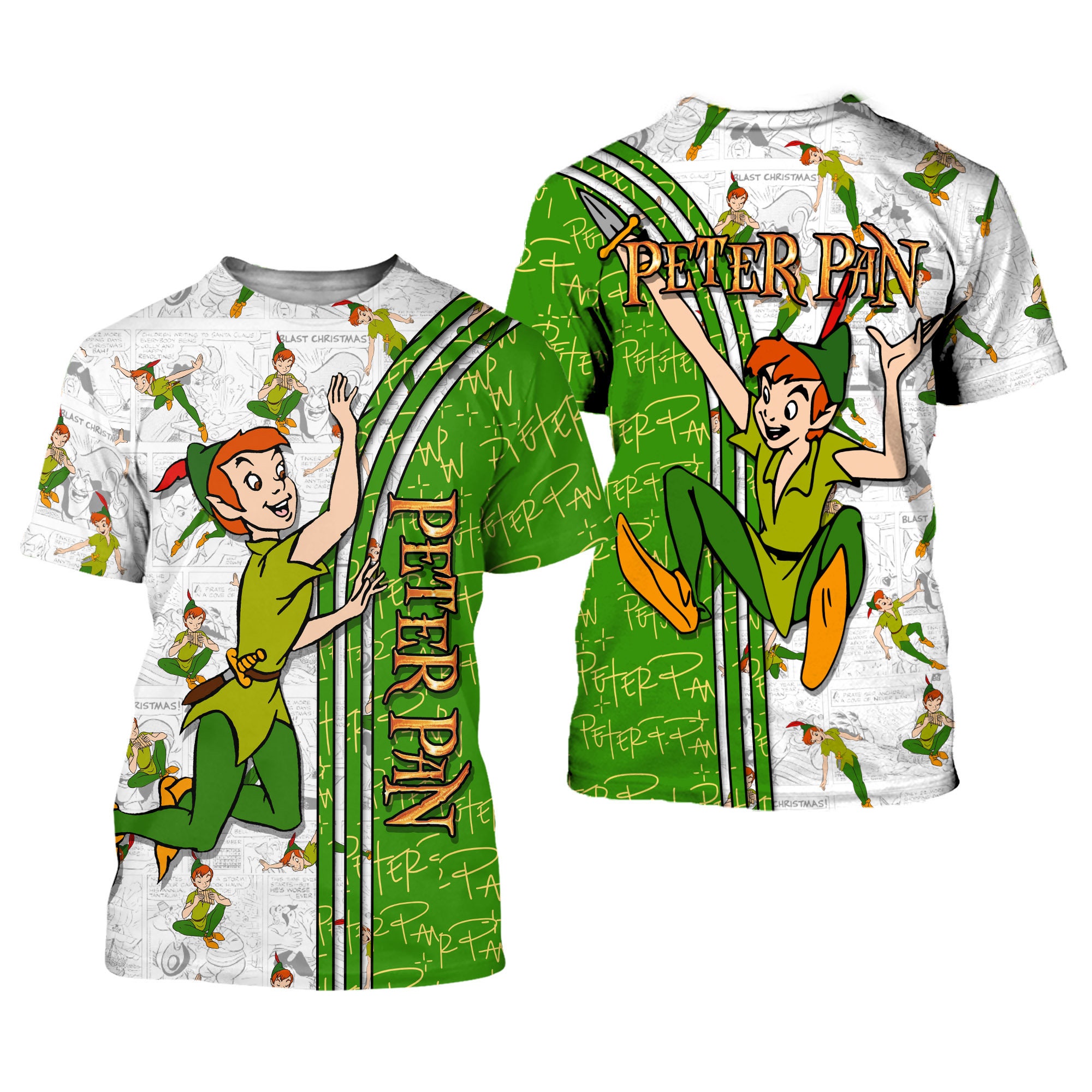 Green Peter Pan Cross Comic Book Patterns Disney Outfits Unisex Casual T-shirts 3D