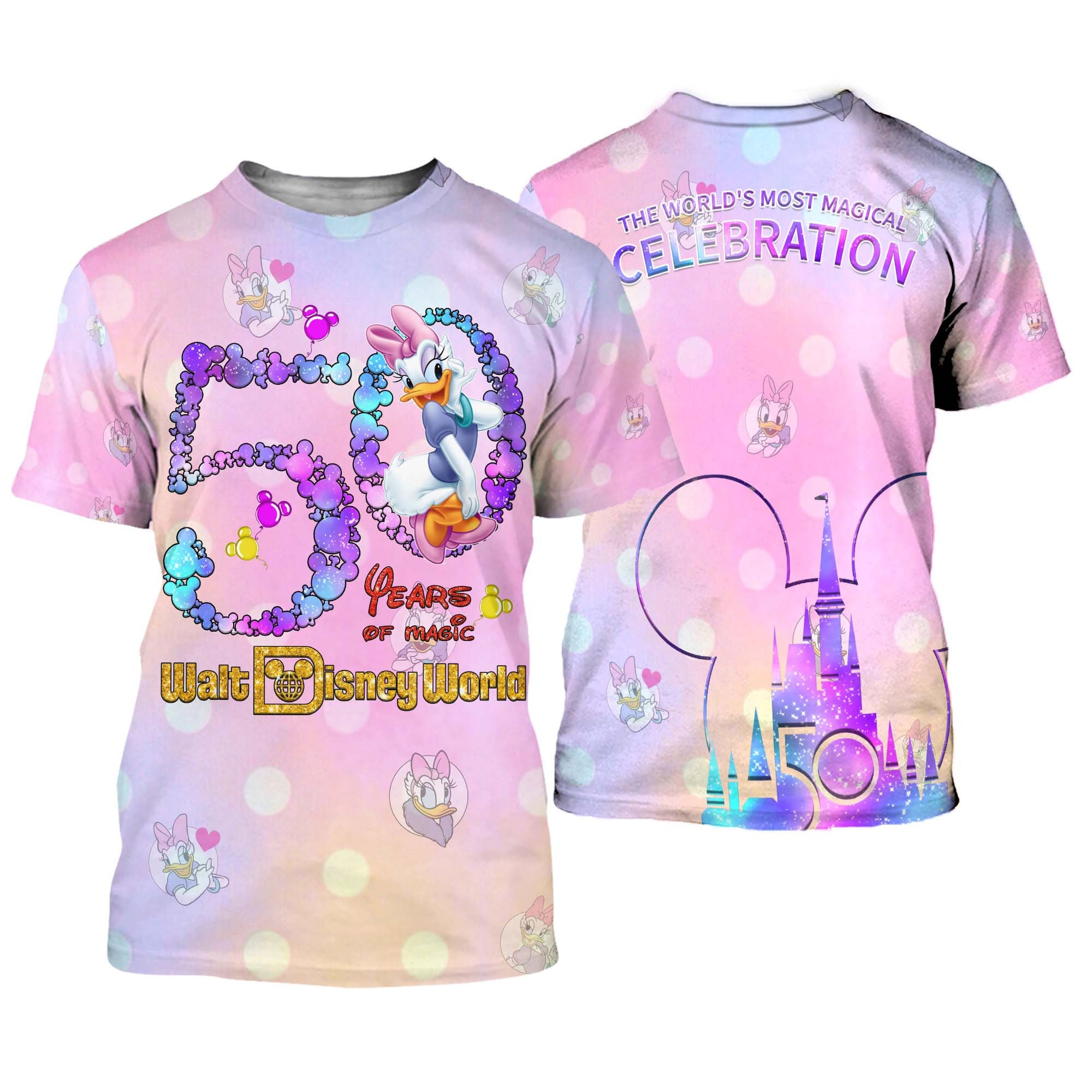 Discover Daisy Ente Pink Lila Schloss Mickey Head Disney 50. Jahrestag 3D T-Shirt