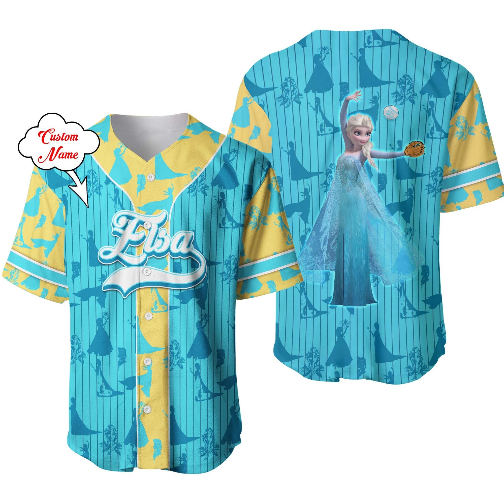 Frozen Elsa Dark Blue Yellow Patterns Jersey | Disney Custom Baseball Jersey