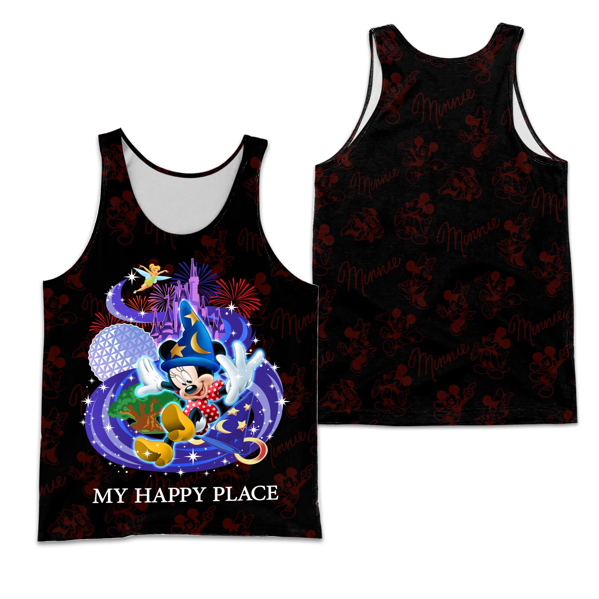 Minnie Mouse My Happy Place Black Patterns Disney Cartoon Graphic Summer Vacation Tanktop