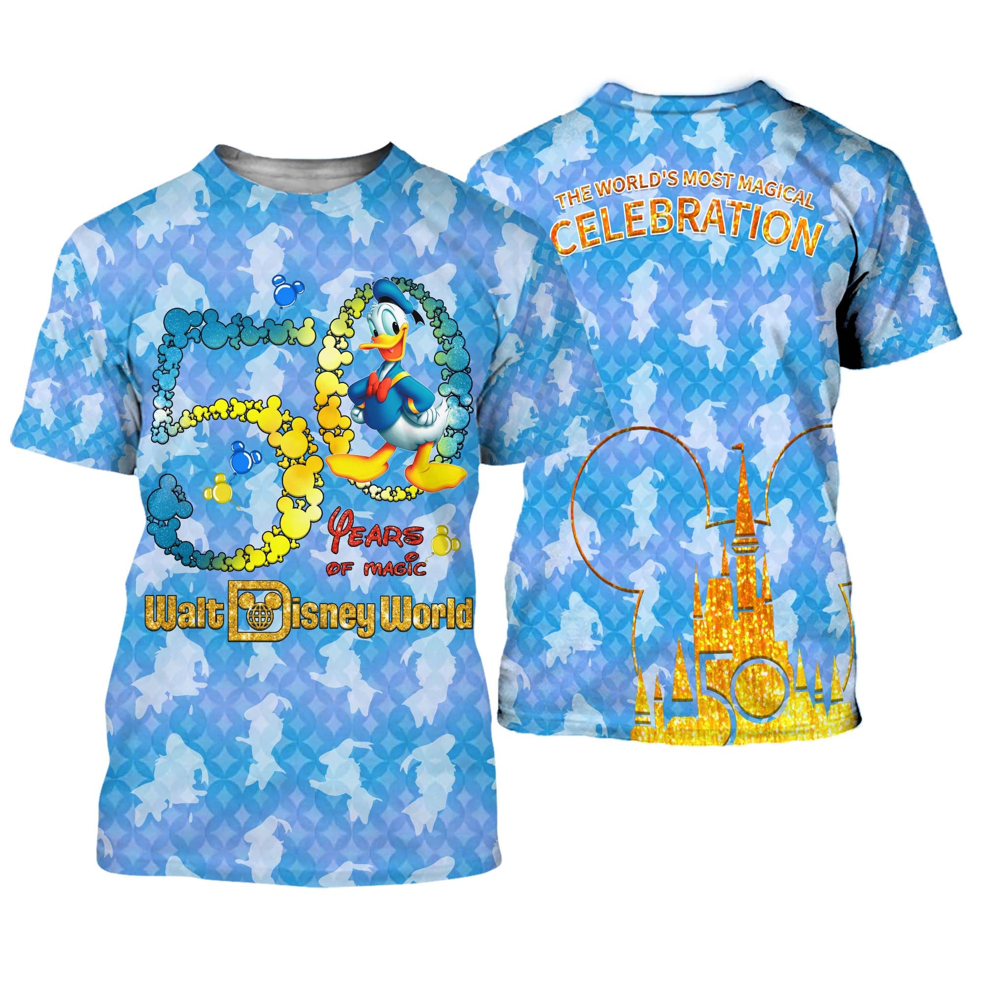 Discover Donald Duck Blue Muster Schloss Mickey Head Disney 50. Jahrestag 3D T-Shirt